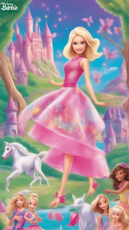 Create an image cover that captures the whimsical world of Barbie's magical adventure, filled with vibrant colors and excitement. Picture Barbie and her friends embarking on a journey through a fantastical landscape, encountering enchanted forests, sparkling castles, and magical creatures along the way. Let the cover radiate joy and wonder, enticing young readers to dive into a world of imagination and fun-filled activities.