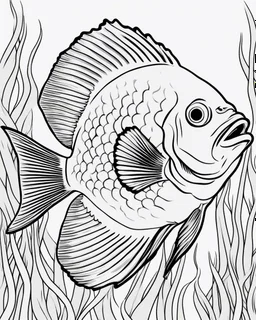 Cartoon outline, Discus fish full body, coloring pages, no color, highly detailed, black and white, white background, highly detailed