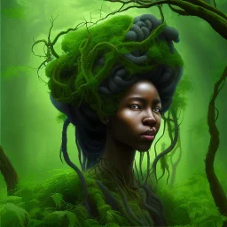 Painting .the face of A young black woman. A wood nymph emerging from the forest. Her hair looks like vines. Dreadlocs. Her skin is the colour of dark soil. Her skin looks like tree bark. Her clothing is made of vines, grass and leaves.