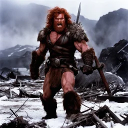[photo from The Thing (1982)] once a flourishing field, now reduced to burned ruins, fumes of death hung heavy in the air. Amidst the devastation, an enraged redhead Barbarian, a towering figure of wrath and fury, thundered across the desolate landscape. His eyes blazed with a primal rage as he sprinted towards a lone white paladin, clad in chrome steel plate armor, a beacon of light amidst the darkness. The Barbarian faces the paladin.