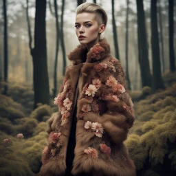 vogue fashion photo, brown tuffle coat, beautiful swedish forest view, mages, large, floral designs, atmospheric, beautiful, China Doll, , dark background, mid shot, full body, neutral expression, buzzcut hair, ultra realistic, highres, superb, 8k wallpaper, extremely detailed, intricate, limited palette,