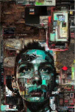 Ultra detailed medium portrait painting dead end road, dark room with little light coming from an open door behind, torn up collage of clippings, broken circuitry background, matrix effects, punk visual art, punk art aesthetic, graffiti art, pop surrealism, collage art, cluttered paint glitches