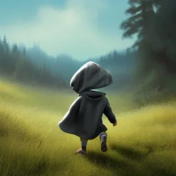 thick oil paint of a tiny little character with long hair a grey hood covering face and a grey cloak side-running up a green grass hill, rimlight, profile, silhoutte, flare, colorful, joyful, bright, epic, realistic, detailed, sky in the background, happy pose