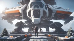 a close-up photo behind space station mechanics, they are looking at gigantic icy mechanical falcon, rtx gaming computer, Gigabyte Aorus Brand, christmas tree, Christmas gifts, Christmas lights, 3d render, 4k high definition, small details upgraded, realistic, sci fi, white colors