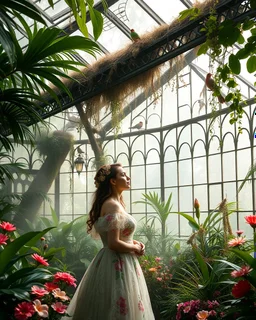 Victorian greenhouse overtaken by jungle, exotic birds nesting in iron rafters, morning mist, lost paradise atmosphere,a pretty model lady as queen wlking in flowers