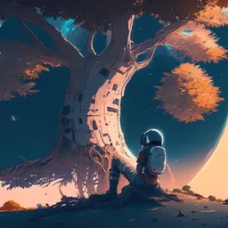 A lonely astronaut sits under the shade of an old tree on the edge of a planet. He looks at a beautiful galaxy. And he is thinking while waiting for his love.4k, high resolution. full detail. digital art, anime, cartoon