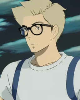 a tall guy who is skinny and scrawny with blond hair and blond beard. his hair is to the left side and he wears glasses. he is wearing a white t-shirt, black jeans and has straight teeth and brown shoes