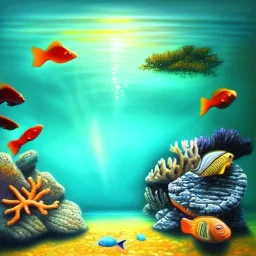 serene underwater scene, coral, fish, rocks, oil painting, by renoirm, pastel colors, masterpiece, intricate, cinematic lighting