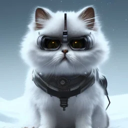 Cyberpunk Portrait of cyborg Persian cat child with brown hair and with cute face, north pole snowy vibe , perfect composition, hyperrealistic, super detailed, 8k, high quality, trending art, trending on artstation, sharp focus, studio photo, intricate details, highly detailed, by greg rutkowski