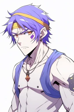 Anime man side character with magnetic abilities, too small muscles, aged 23, purple hair