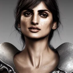 best quality, realistic lighting, masterpiece portrait of Penélope Cruz, details, light dusting of freckles, cowboy shot from above, simple chain hauberk, warhammerVector art matte painting digital illustration 3D shading CryEngine Behance HD 3Delight