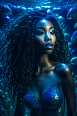 Insanely Detailed Photograph Of A Elaborate Beautiful ebony Mermaid Under Water, Beautiful Face, Portrait, Flowing Shell Covered Pastel Translucent Dress, Glowing, Luminescent, Night, Big Glowing Corals, Glossy Lipstick, Intricate Glistening Skin And Face, Bright Eyes, Ultra Long Flowing Hair, Waves