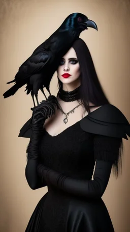 portrait of a beautiful goth woman with Caress a crow, wearing a black dress, 8k, high quality, highly detailed full body