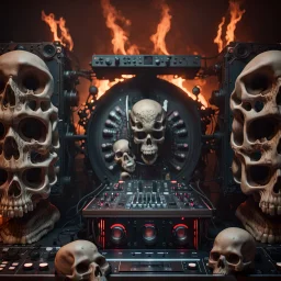 DJ of the damnded, insanely detailed DJ booth in hell, MID set, speakers and equipment made of bone, anatomically correct, add more skulls in th audience, photorealism, vray, 8k 3d