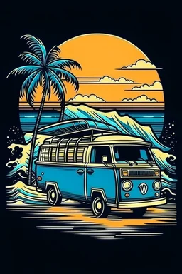 A ilustration of surf van, beach, middle ground design, t-shirt design, no black ground, vector, 4k