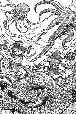 coloring pages for kids, 3 beatifull merman warriors fighting against a big octopus underwater, 8k, hyperdetailed, cinematic, 3d render, photo. cartoon style, thick lines, low detail, black and white, no shading, --ar 85:110