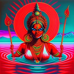 An oil painting of goddess Kali crossing a lake, neon red colors