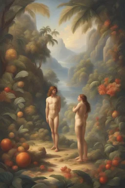 Adam and Eve in a very beautiful paradise, in the style of oil painting