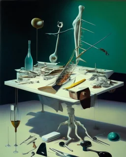 human body, universe-like table,complex surgical instruments mixed with human body-like musical instruments,minimalism,Painting By Adrian Ghenie, Rene Magritte, Lucian Freud