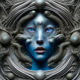 realistic extremely detailed photo of odd beings 3d, mix of Max Ernst, Jean Delville, Ernst Haeckel, Edward Robert Hughes, Stanisław Szukalski, rich moody colors, sparkles, holographic krypton ion, blue eyes, octane render, 8k, f32, 55mm photography