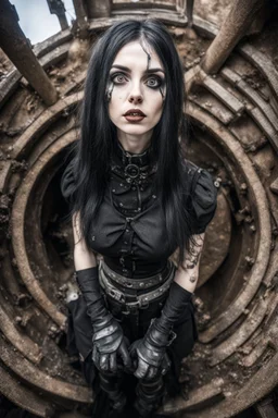 Closeup tall Girl goth with big eyes, ragged clothes, fullbody, dieselpunk, valves, the perspective looking up from the bottom of an empty well , 8k,macro photography,