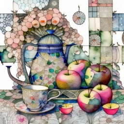 Watercolour and ink patchwork in the style of Jamie Heiden, Walter Crane, Yayoi Kusama, Ivan Shiskin, John Atkinson Grimshaw: zentangle cute whimsical watercolor Still life with apples on a porcelain plate and a teapot crisp quality, ultra detailed, elegant, fantastical, surreal, watercolor and pen, beautiful high definition fine 3D line art, white and grey and red dreamy colours, extremely detailed, intricate, elaborate, HDR, award winning, expressionism, fantastic view, ethereal, fantasy, unsi
