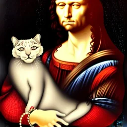 leonardo da vinci portrait of king donald trump,beautiful, curly orange hair, high definition, Colors white, blue and red. Black background. holding a white cat.