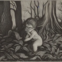 Oak forest, burning, crying child, face in hands, hair on fire, curled up on leaves