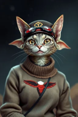 cat gremlin alien woman air captain wearing a bird sweater