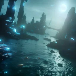 futuristic city in the sea , fish swimming around, neptune, highly detailed, cinematic, ultra photorealistic, ultra realistic, volumetric lighting