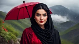 Hyper Realistic Close-Face-View-Of Beautiful Young Happy Pashto Woman With Beautiful-Black-Mascara-Eyes-&-Black-Hair Wearing Black-Frock & Black-Shawl-With-Maroon-Lace Carrying An Red Umbrella On Mountain-Top With Greenery & Breathtaking Cloudy-Rainy-Weather Showing Dramatic & Cinematic Ambiance.