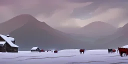 Small lonely cattle farm in a bleak cold land, desolate, snowy