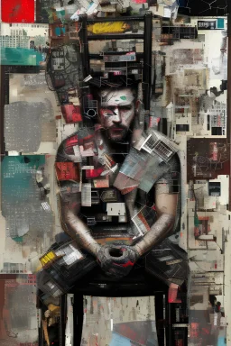 Ultra detailed medium portrait painting of a man, sitting bended over on a chair, looking down with hands in his hair, giving up, broken, dark and abstract background,torn up collage of clippings, broken circuitry background, matrix effects, punk visual art, punk art aesthetic, graffiti art, pop surrealism, collage art, cluttered paint glitches