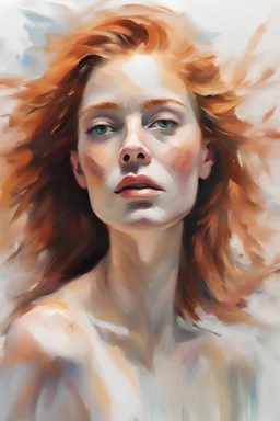 white background, oil painting with visible impressionistic strokes of a beautiful ginger woman, dynamic pose, abstract background, impressionistic style, (impressionism:1.1) soft pastels, tetradic colors, upper body shot, zoomed, emotionally evocative, expansive strokes, atmospheric, dynamic, dramatic, best quality, best resolution Test, by alex1shved, highly realistic, ruddy skin, beautiful, full lips, smiling, feeling of lightness and joy, hyperrealism, skin very elaborated, direct gaze,