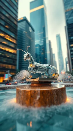 motion blur, high speed transparent ant horse train space ship above sky scrapers in fountain in the style of Escher, bokeh like f/0.8, tilt-shift lens 8k, high detail, smooth render, down-light, unreal engine, prize winning