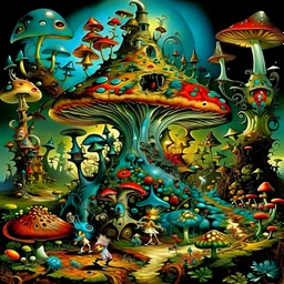 "Wonderland", with many weird creatures, many magic mushrooms - artwork by Salvador Dali, artwork by Tim Burton - ultra sharp focus, focused, high definition, high detail, highly detailed, ultra detailed, extremely detailed, intricate, colorful