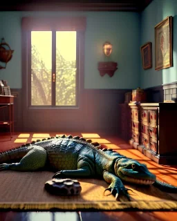 Room scene with alligator sleeping, Wes Anderson styler, concept art, smooth, unreal engine 5, god lights, ray tracing, RTX, lumen lighting, ultra detail, volumetric lighting, 3d.