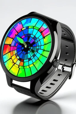 A modern smartwatch with a holographic interface featuring a kaleidoscope of ever-changing rainbow patterns.
