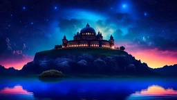 A fortress on the night sky turned from the galaxy, space, ethereal space, cosmos, water, panorama. Palace , Background: An otherworldly planet, bathed in the cold glow of distant stars. gloomy landscape with l dramatic hd highlights detailled