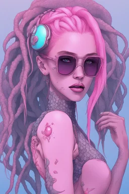 entire body mermaid cyberpunk some fish scales on face pink hair dreadlock sunglasses