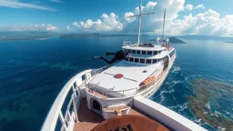 The description should capture the elegance of the ship, the beauty of the surrounding landscape, and the gracefulness of the diver's movements.