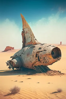 spaceship sitting on a desert plain near a ruined town