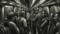 A gritty black and white charcoal drawing of a crowded subway car, filled with diverse passengers going about their daily commute. The scene is chaotic yet intimate, capturing the hustle and bustle of city life. The suffix adds a dream-like quality, with distorted perspectives and exaggerated features of the people