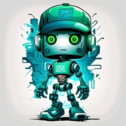 Vector t shirt art ready to print green blue light color graffiti illustration of a robot cyberpunk boy and a basecap with text 3d "Digi" On cap, white background.