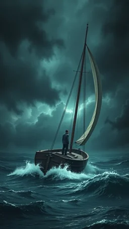Bosch painting style nightmare in 3D , a man on a sailings boat in storm background, high Quality picture , 8k