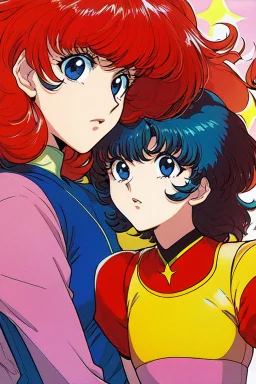 1girl, retro anime, 80's, redhead,Portrait of beautiful woman, sparkling dark blue eyes,
