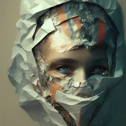 rendered in blender trash bag on his head and crumpled paper as a texture, collage paper and tape, slit - scan photography, high resolution, cinematic, unreal 6, breathtaking detailed