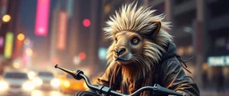 Rembrandt wall poster of transparent biker weasel rasta man with cute fur, in big cyberpunk city crossover, volume light and motion blur, airbrush and pen outline