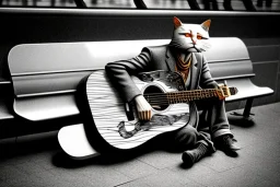 One single mature cat, guitar case, wearing clothes, sitting in the subway, Vienna, friendly, sunny day, model style, hyper realistic, extremely accurate, delicate, extremely detailed, Graphic novel style, wide-angle, open aperture, superfine pencil