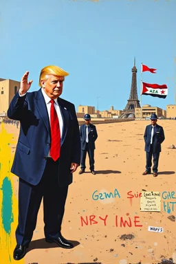 trump standing in gaza in the style of basqiat